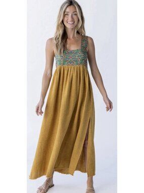 Natural Life Tricia Maxi Dress Floral Mustard Gauze Sz XXL Boho Hippie Beach NWT